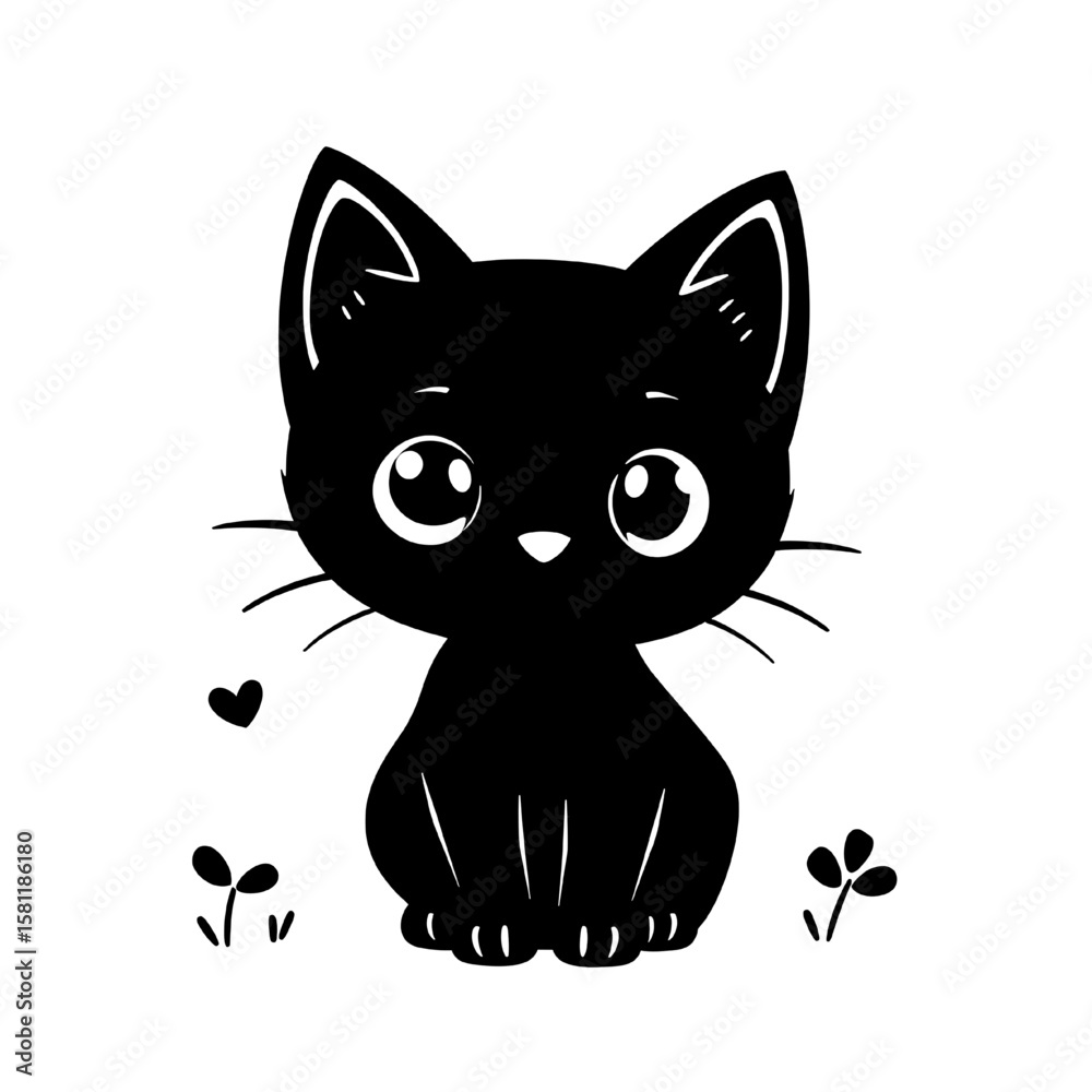 Obraz premium silhouette of cute cartoon kitten with big eyes and flowers on transparent background