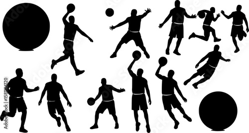 Basketball; group of basketball players; set of vector silhouettes. High contrast illustrations
