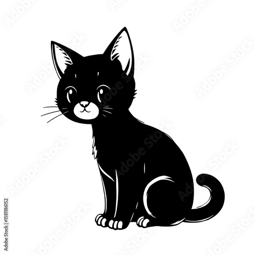cute black cartoon kitten sitting with white chest patch on transparent background