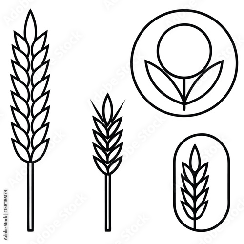Collection of stylized wheat ears and a floral emblem in a minimalist line art silhouette style