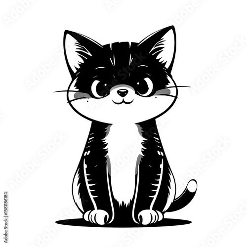 cute cartoon black and white kitten illustration on transparent background
