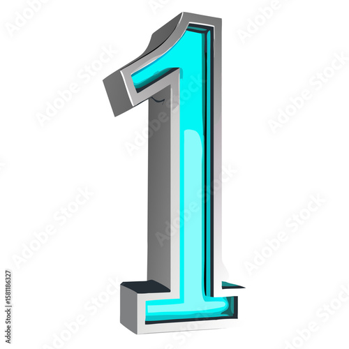 Chrome Metallic 3D Numbers 1 with Cyan Outline on White Background – Vector Illustration.