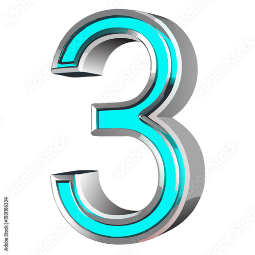 Chrome Metallic 3D Numbers 3 with Cyan Outline on White Background – Vector Illustration.