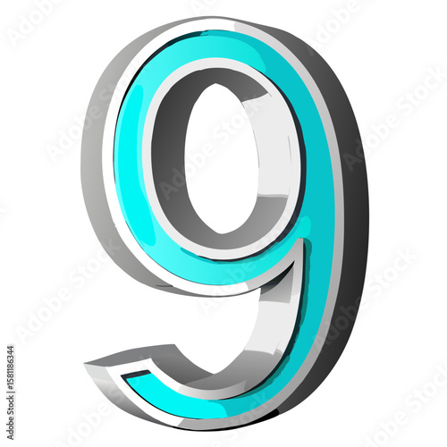 Chrome Metallic 3D Numbers 1 to 10 with Cyan Outline on White Background – Vector Illustration.