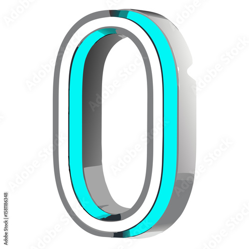 Chrome Metallic 3D Number zero with Cyan Outline on White Background – Vector Illustration.