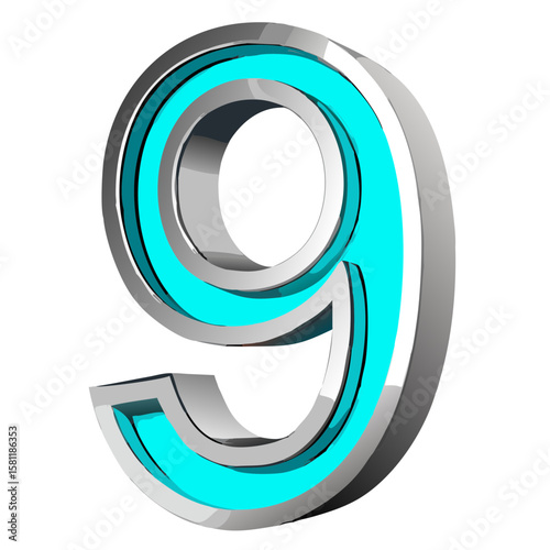 Chrome Metallic 3D Numbers 1 to 10 with Cyan Outline on White Background – Vector Illustration.