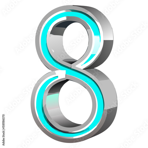 Chrome Metallic 3D Numbers 1 to 10 with Cyan Outline on White Background – Vector Illustration.