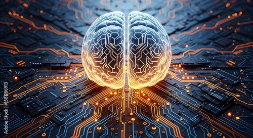 Neural Network Concept Glowing Brain and Circuit Board, Artificial Intelligence Connecting Data, Technology Innovation, Futuristic Processing