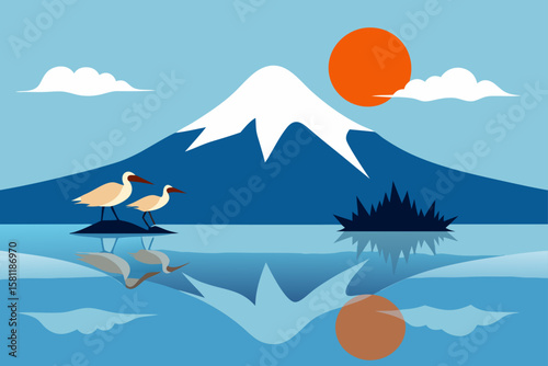 birds nesting near fuji reflected in water