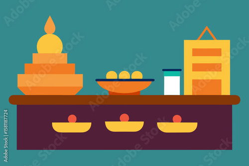 diwali kitchen counter with sweets and tiny diyas
