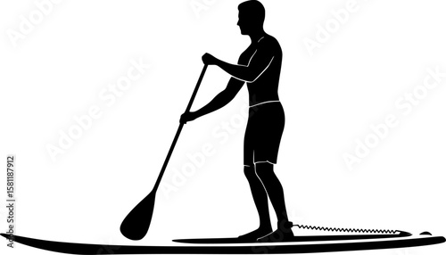 Paddleboarding, water sport, man on paddleboard, isolated vector silhouette, side view