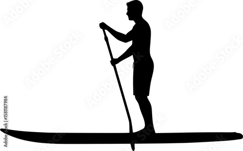 Paddleboarding, water sport, man on paddleboard, isolated vector silhouette, side view