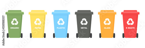 Sorting and recycling garbage by material with different types of colored waste bins. Waste separation plastic, paper, metal, organic, glass, e waste. Recycling infographic.