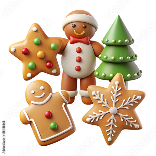 Three dimensional christmas gingerbread cookies and tree isolated on transparent background