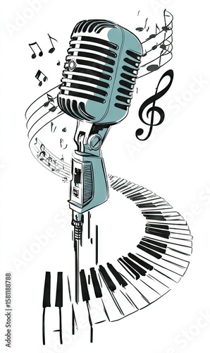 Retro microphone surrounded by musical notes and piano keys