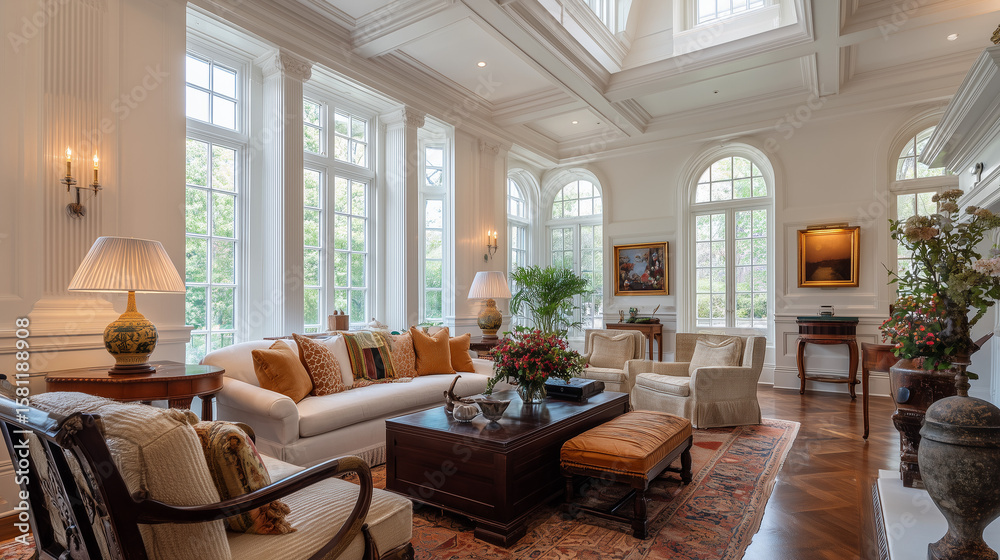 Fototapeta premium Colonial Revival living room interior with classic furniture, elegant decor, warm lighting, spacious layout, traditional style, cozy and timeless home atmosphere.