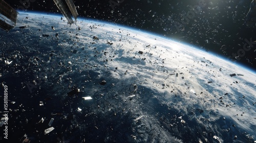 Earth from space with scattered artificial debris, abandoned satellites, and metal fragments in orbit.