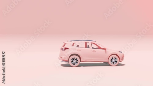 Stylized orange SUV rendered on pastel pink backdrop.