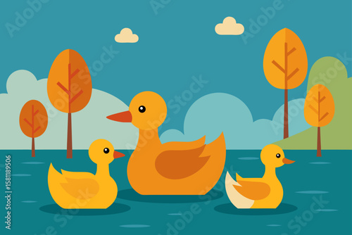 group of ducks paddling instill autumn lake