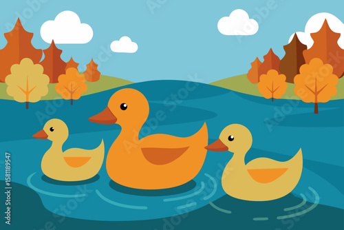 group of ducks paddling instill autumn lake