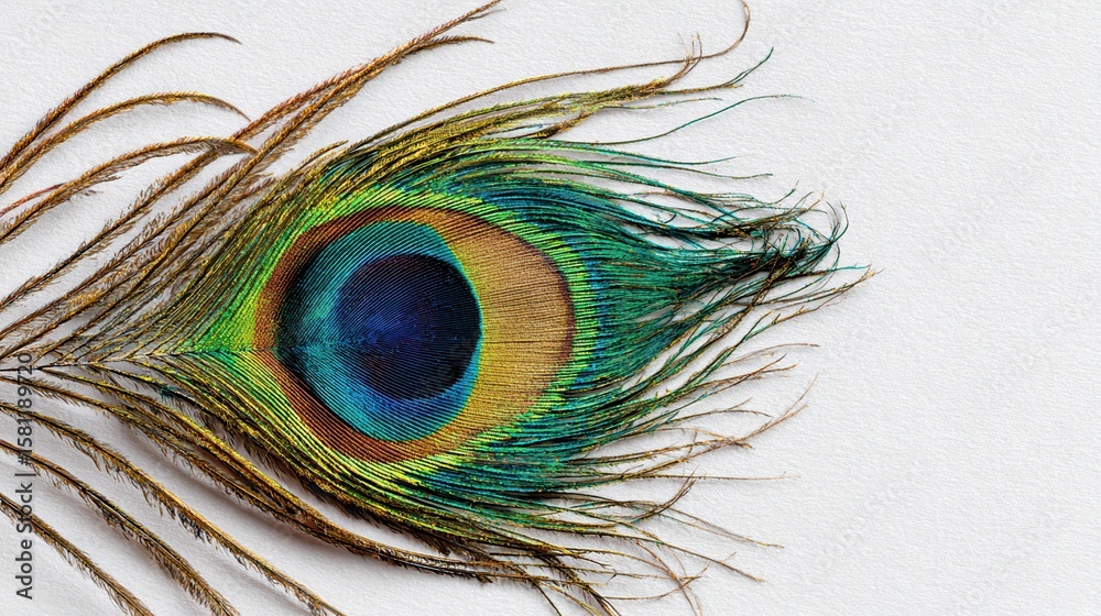 Naklejka premium Vibrant Peacock Feather on Pristine White Background with Ample Copy Space
