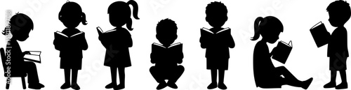 Children reading books in line silhouette vector