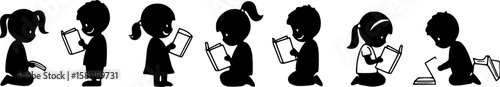 Children reading books in line silhouette vector