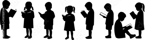 Children reading books in line silhouette vector