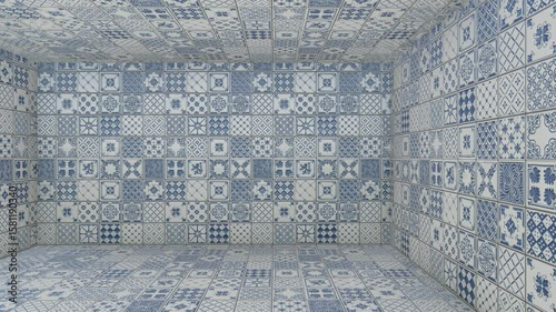 Room covered in ornamental blue and white ceramic tiles