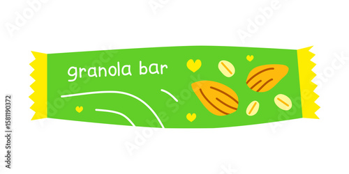 Cute flat granola bar with almond nuts isolated on white background. Muesli snack in packet. Hand written text.