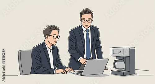 Two professional businessmen collaborating on a laptop in an office setting, discussing work strategy and project details, symbolizing teamwork, innovation, and corporate productivity.