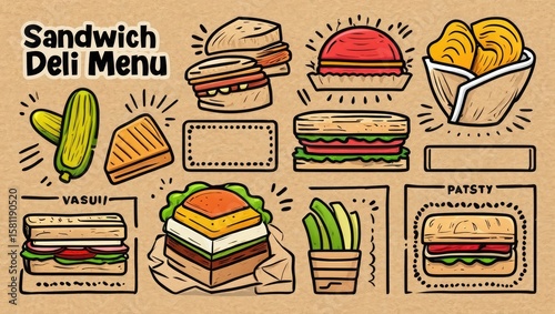 Fun sandwich deli menu layout featuring hand-drawn burgers, hot dogs, fries, and drinks on a craft paper-style background. Retro and playful. Generative AI.