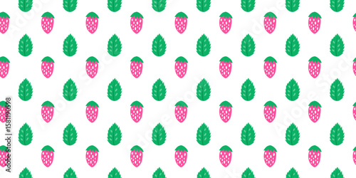 Cute seamless pattern with strawberries and mint leaves. Natural summer background with garden or forest berries. Perfect for kids clothes, giftware, womenswear, wrapping paper, etc.