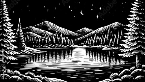 mountain lake under starry night sky, surrounded by pine trees and gentle hills reflecting moonlight, captured in detailed black and white line art illustration