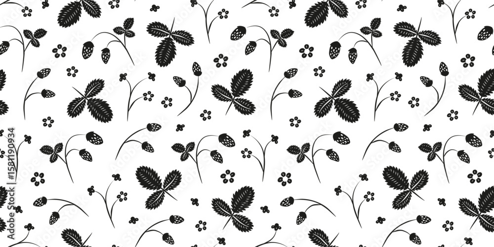 Fototapeta premium Black and white seamless pattern with wild strawberries, leaves and flowers. Natural summer background with garden or forest berries. Perfect for giftware, womenswear, wrapping paper, etc.