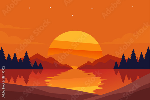 sunset casting orange glow on autumn lake shore
