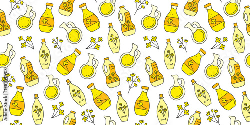 Seamless pattern with doodle canola oil in bottles and rapeseed flowers on white background. Healthy nutrition concept. Vegetable fats.