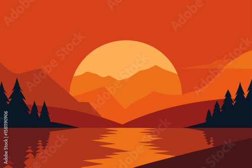 : sunset casting orange glow on autumn lake shore
