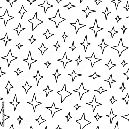 Black and white seamless pattern with outline four pointed stars.