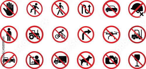 Prohibited sign icon set, red circle safety symbols with line, no entry, warning, and restriction signs for hazard and control use
