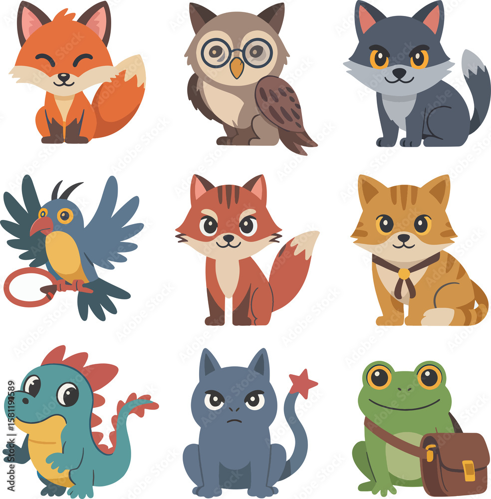 Fototapeta premium A delightful collection of nine cute cartoon forest animals isolated on transparent background