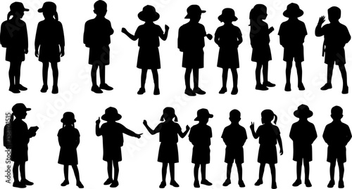 Collection of school children silhouettes in school uniform. Vector illustration.