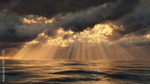 Dramatic ocean sunset with golden rays breaking through the clouds