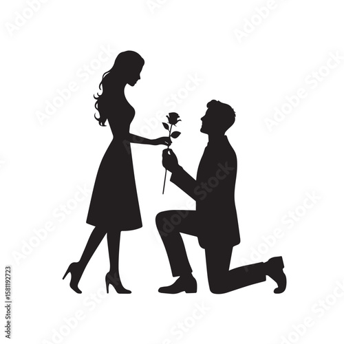 Silhouette style vector art of marriage proposal with rose on white background