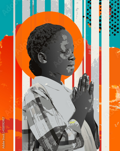 A beautiful abstract shot of a young black girl praying, her hands clasped tightly with soft colors blending into the background
