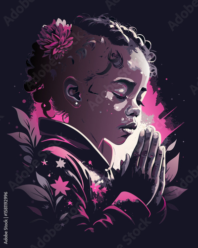 A beautiful abstract shot of a young black girl praying, her hands clasped tightly with soft colors blending into the background
