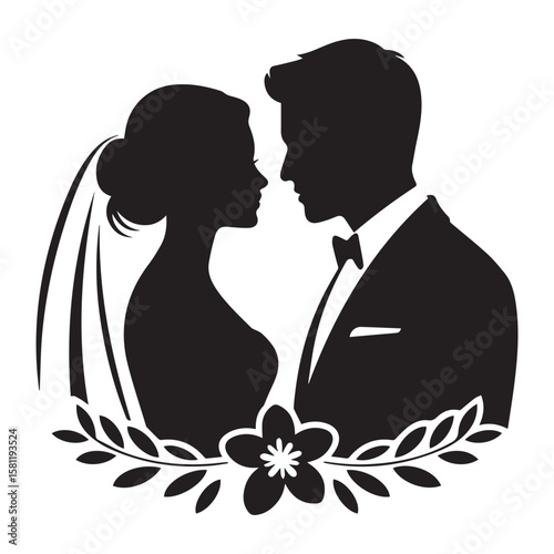 Vector art of a bride and groom are silhouetted against a white background in a romantic wedding illustration