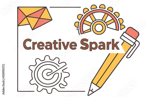 Creative Spark Icon with Pencil Gear and Geometric Shapes
