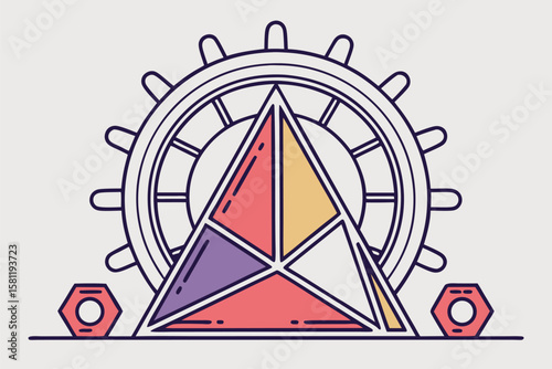 Geometric gear and triangle composition with colorful segments and hexagonal accents