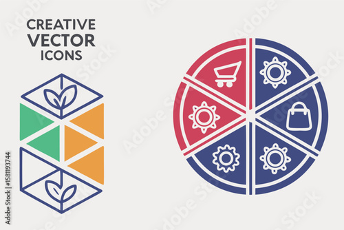 Geometric Icons with Leaf and Gear Symbols on White Background
